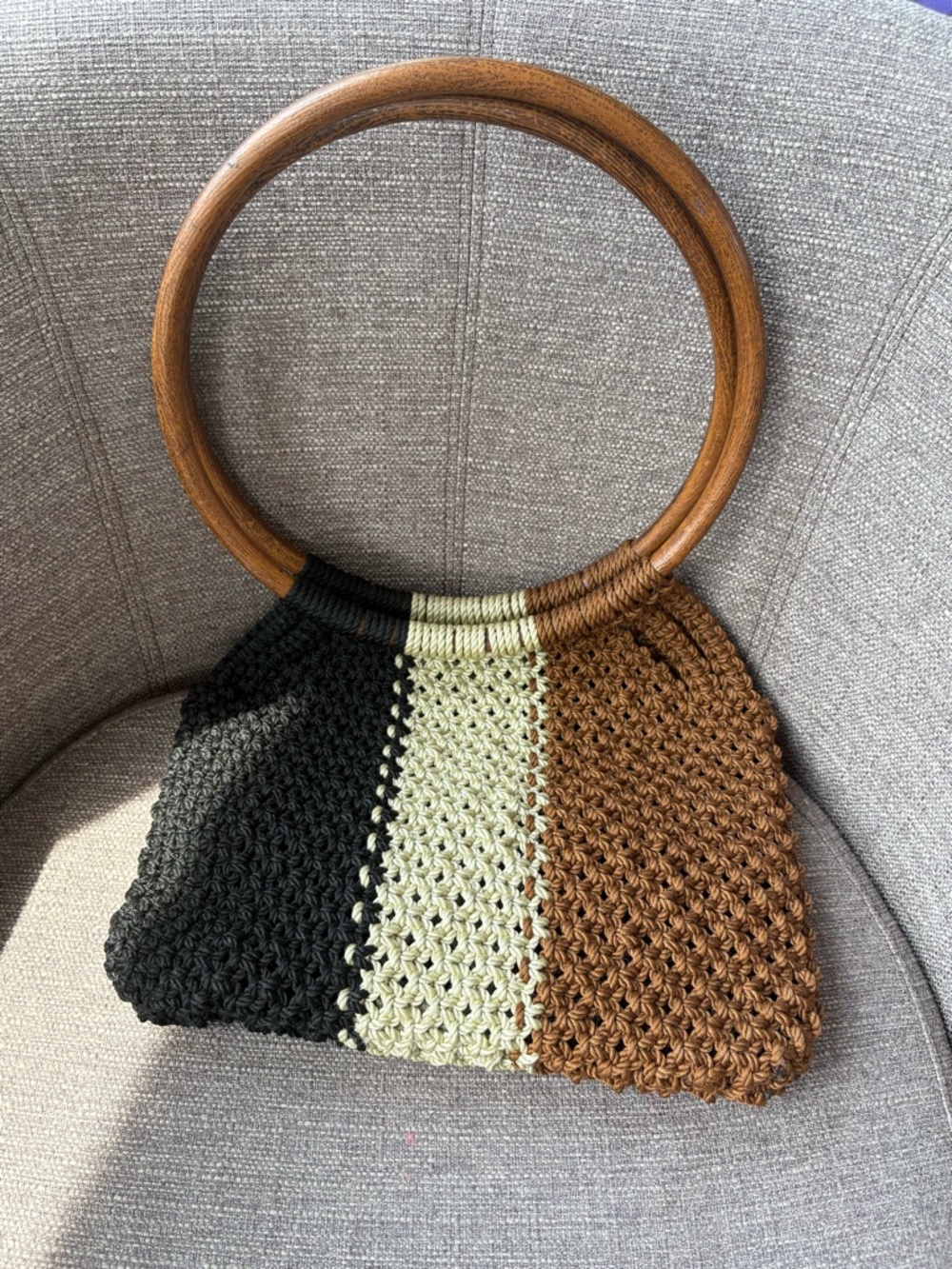 Tri-Panel Crochet Tote with Wooden Rings - Black, Cream & Brown